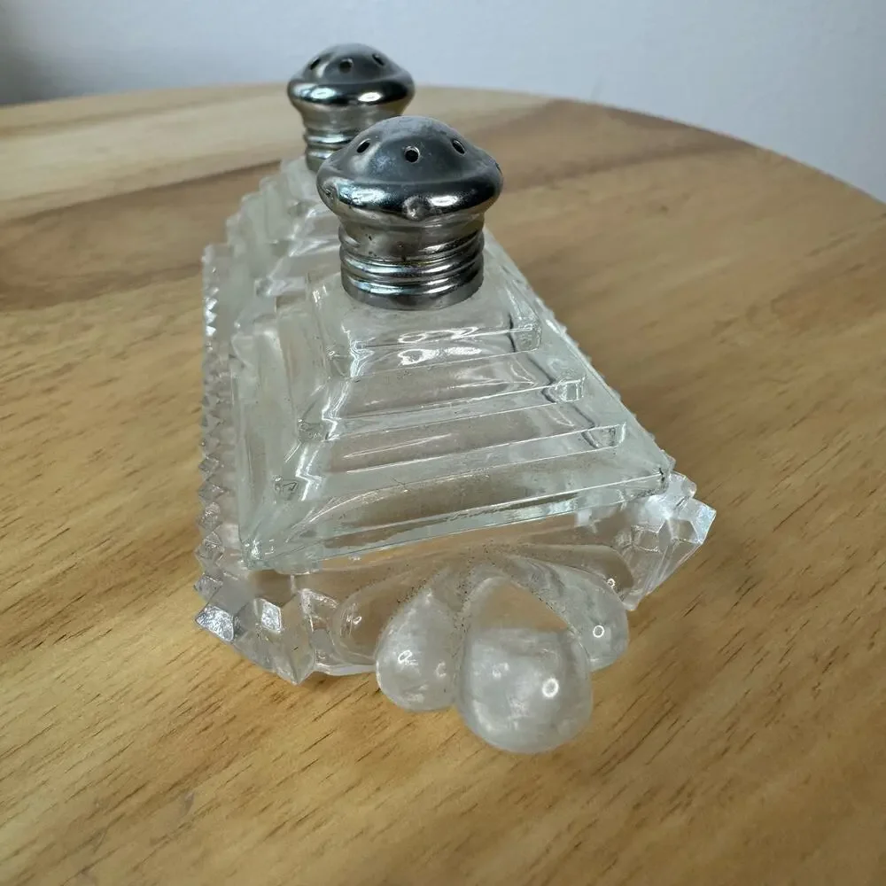 Vintage Irice Pyramid Mini Pepper Salt Set with Tray Glass Art Deco